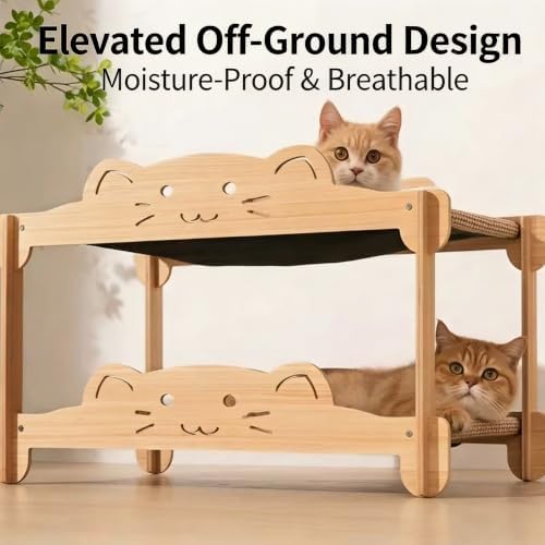 Cat Bunk Bed with Sisal Scratcher & Hammock - 2 Tier Heavy Duty Double Decker Wooden Cat Furniture for 2 Indoor Cats, Sturdy Anti-Tipping Bed Fits Large Cats Up to 30+ Lbs