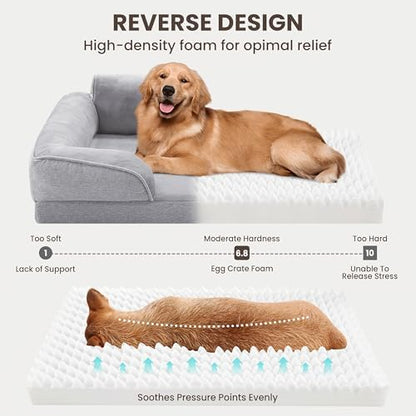 Orthopedic Dog Bed for Medium Size Dogs, Waterproof Egg-Crate Foam Pet Couch Bed with Soft Sides, Non-Slip Dog Sofa with Flannel Removable Washable Cover, 28"L Supportive Pet Sofa, Light Grey