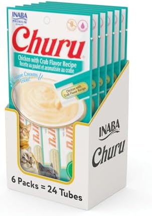 INABA Churu Cat Treats, Lickable, Squeezable Creamy Purée Cat Treat with Green Tea Extract & Taurine, 0.5 Ounces Each Tube, 24 Tubes (4 per Pack), Chicken with Crab Recipe