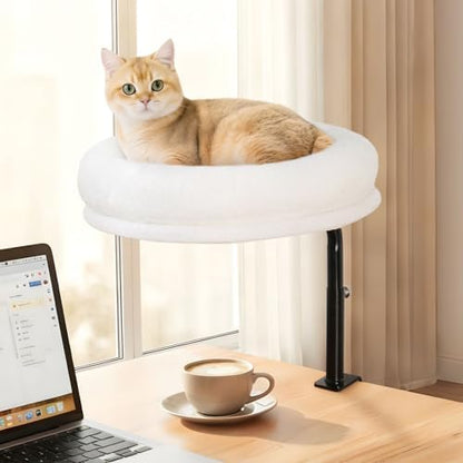 Sunhoo Cat Desk Bed 360° Rotating Height Adjustable Desktop Mount Hammock Kitten Perch Easy Setup Kitty Nest Table Clamp-on Attachment for Indoor Cats Washable 17" Diameter Hold Up to 40lbs（White）
