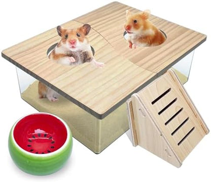 PINVNBY Hamster Sand Bath Box, Transparent Acrylic Shower, Gerbils Digging Room Container with Climbing Ladder and Ceramic Bowl, Litter Box for Hamsters Guinea Pigs Mice (Two Hole)