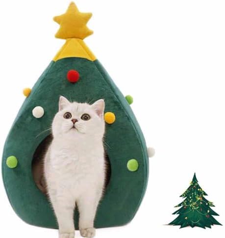 Christmas Cat Beds, Christmas Tree Cat Beds House, Portable Indoor Cat Igloo Xmas Bed Cave for Small Dogs and Small Animals, Green