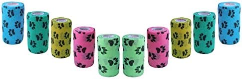 12 Pack Premium Vet Wrap - Self Adhesive Bandage Wrap & Athletic Tape - 4" x 5 Yards Elastic & Self-Sticking Cohesive Bandage for Pets, Sports, Wrists & Ankles - Paw Prints by Prairie Horse Supply