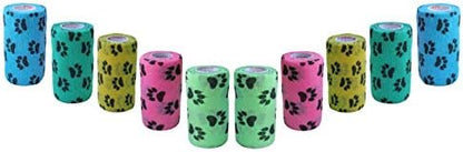 12 Pack Premium Vet Wrap - Self Adhesive Bandage Wrap & Athletic Tape - 4" x 5 Yards Elastic & Self-Sticking Cohesive Bandage for Pets, Sports, Wrists & Ankles - Paw Prints by Prairie Horse Supply