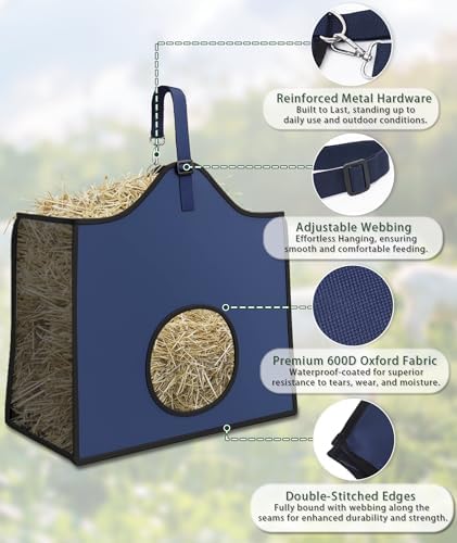 Hay Feeder for Goats and Horses - Slow Feed Design, Heavy Duty Hanging Hay Bag for Barn, Trailer & Paddock, Easy to Hang & Clean(2pcs, Navy Blue)