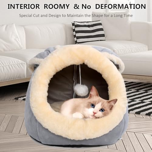 Cat Beds for Indoor Cats-Rabbit-Shaped Cat Cave Bed with Hanging Toy,Grey M