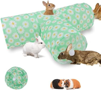 BWOGUE Bunny Tunnels & Tubes, 3-Way Collapsible Rabbit Hideout for Bunnies