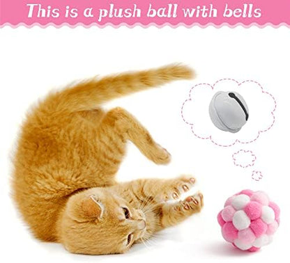 MALLMALL6 10Pcs Cat Toy Set Interactive Cat Toys Pack Including Feather Teaser Wand Cat Springs Mice Crinkle Balls and Pet Bell Balls, Puzzle Toys for Indoor Cats Gift (Pink)