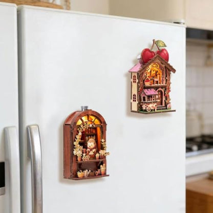 DIY Miniature Wooden House Model Fridge Magnet Kit, Magnet Building Hedgehog Doll House Mini Kits with Led Light for Refrigerator & Desk Bookshelf Decor, for Adults,Beginners, 3D Puzzles Crafts Gifts