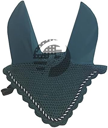 Horse Ear Bonnet Fly Veil Crochet Equestrian with Piping 30 Color Full/COB/Pony (Large/Full, Petrol/Peacock)
