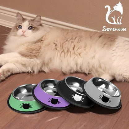 Serentive 2 Pcs Non-Slip Stainless Steel Small Cat Food Bowls - Unbreakable, Thicken 13 Oz Cat Dishes - Indoor, Removable Rubber Base, Easily Clean, Lovely Color