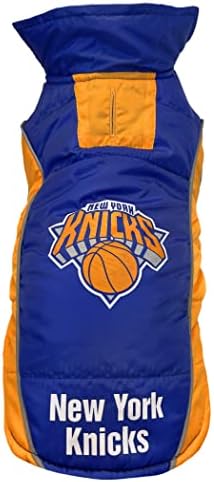 NBA New York Knicks Puffer Vest for Dogs & Cats, Size Medium. Warm, Cozy, and Waterproof Dog Coat, for Small and Large Dogs/Cats. Best NBA Licensed PET Warming Sports Jacket