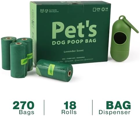 Generic Dog Poop Bags Rolls: Biodegradable with Lavender Scent, 270 Count, Includes Dispenser, Leak-Proof, for Small and Large Dogs, Forest green