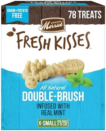 Merrick Fresh Kisses Natural Dental Chews Toothbrush Treat Shape Infused With Real Mint For Tiny Dogs 5-15 Lbs - 78 ct. Box