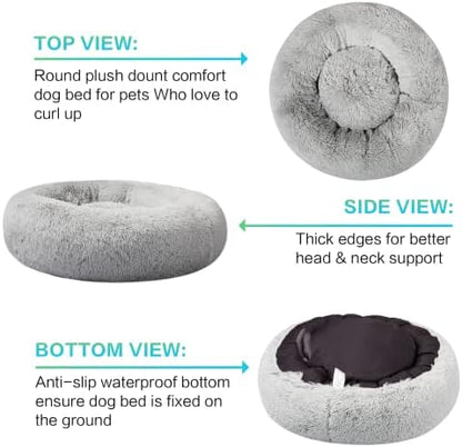 SAVFOX 36 inches Calming Donut Dog Bed - 3X Durable Plush Faux Fur, Machine Washable & Non-Slip, Fits up to 100 lbs, Light Grey