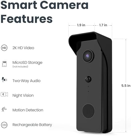 Feit Electric Smart Video Doorbell Camera, 2.4GHz Wi-Fi, No Hub, Two-Way Audio, Advance Motion Detection, 16ft. Night Vision, 2K HD Video, Micro SD Card Storage, Chime Included, Battery Powered Design