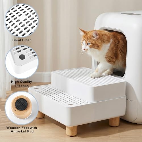 Adjustable Litter Box Step, Cat Litter Box Ramp/Catcher with Wooden Feet