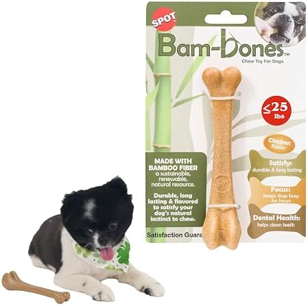 SPOT Bam-Bones Bone - Made with Strong Bamboo Fiber, Durable Long Lasting Dog Chew for Light to Moderate Chewers, Great Toy for Adult Dogs & Teething Puppies under 25lbs, 5.75in, Chicken Flavor