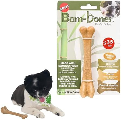 SPOT Bam-Bones Bone - Made with Strong Bamboo Fiber, Durable Long Lasting Dog Chew for Light to Moderate Chewers, Great Toy for Adult Dogs & Teething Puppies under 25lbs, 5.75in, Chicken Flavor