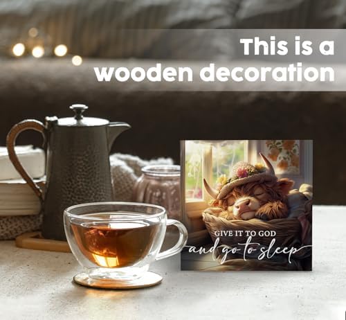 Nursery Highland Cow Wooden Box Sign - Cute Give It to God and Go to Sleep Signs for Home Decor, Funny Farm Animal Office Kitchen Bedroom Decor,Highland Cow Gifts for Women, 5x5