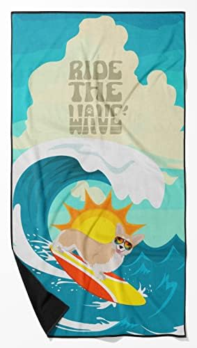 Caroline's Treasures MLM1286TWL3060 Surfer Dog Fawn Pembroke Corgi Premium Beach Towel Oversized Towel Beach Blanket, Pool, Beach Essentials, Yoga, Premium Bath Towel, Quick Dry Plush