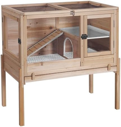 GUTINNEEN Guinea Pig Cages with Anti Chewing Sturdy Plastic Floor and Cool Zinc Plate, Indoor Rabbit Hutch with Hideout and Platform, Elevated Legs Hamster Cage 36.6" L (Nature)