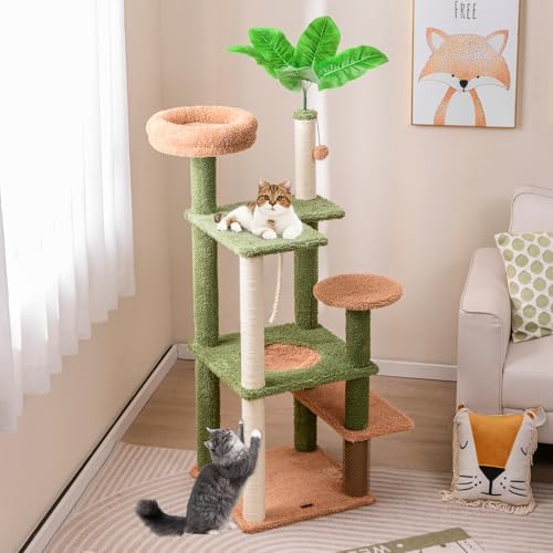 PETSITE 60 inch Cactus Cat Tree Tower, Multi-Level Cat Tower with Sisal Scratching Posts, Sisal Rope, Hanging Ball, Self Groomer and Decorative Faux Plant, Cute Cat Tree for Indoor Cats