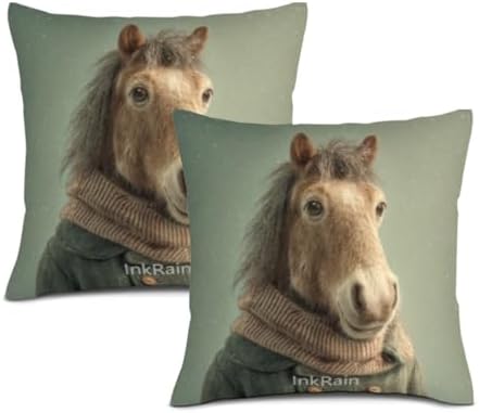 InkRain Winter Animal Cute Horse Pillow Cover 28x28 Inch Set of 2 Home Decor Decorative Cotton Linen Illustration Pillowcases for Living Room House Sofa