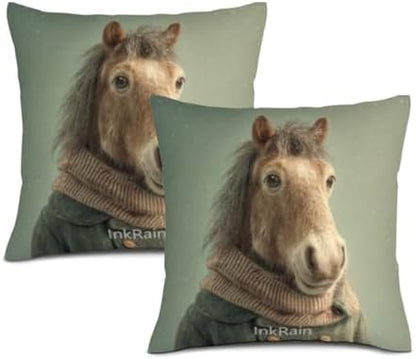 InkRain Winter Animal Cute Horse Pillow Cover 28x28 Inch Set of 2 Home Decor Decorative Cotton Linen Illustration Pillowcases for Living Room House Sofa