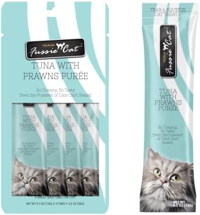 Fussie Cat Tuna with Prawns Puree, lickable cat Treats, 0.5oz Pouch (Pack of 12)