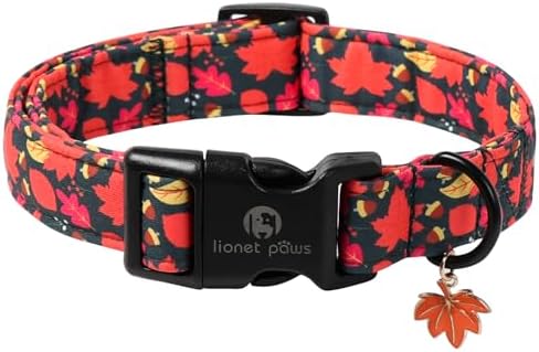 Lionet Paws Fall Dog Collar- Cute Red Leaves Green Dog Collars with Plastic Buckle and Leaf Pendant, Light Adjustable Dog Collars for Medium Dogs
