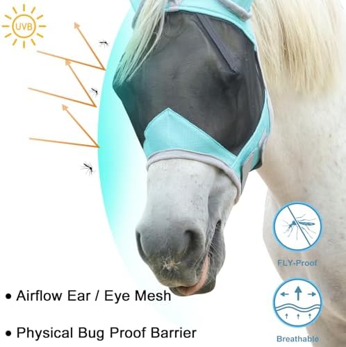 Horse Fly Mask with Ears, Breathable Fine Mesh Turquoise Cob