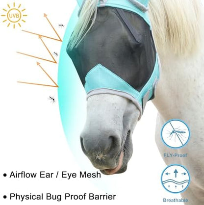 Horse Fly Mask with Ears, Breathable Fine Mesh Turquoise Cob