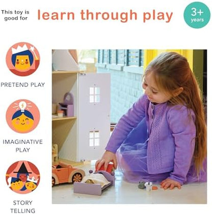 Mentari Toys - Dog & Cat Pet Set - 7pc Wooden Dollhouse Pet Accessories with Kennel, Dog, Cat, Bowls, Bone and Fish - Small World Play - Encourages Imaginative Play and Empathy Skills - Age 3+