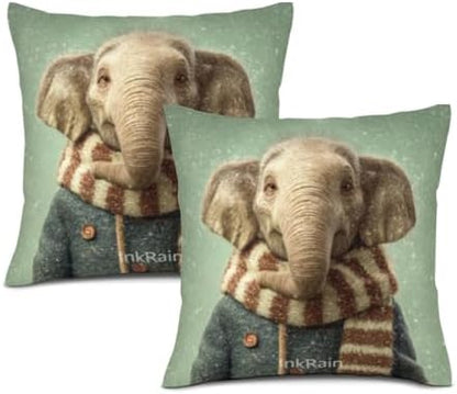 InkRain Winter Animal Cute Elephant Pillow Cover 26x26 Inch Set of 2 Home Decor Decorative Cotton Linen Illustration Pillowcases for Living Room House Sofa