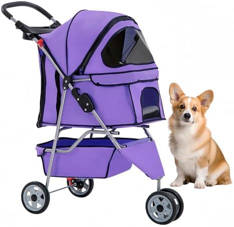 BestOffice Pet Stroller for Small Medium Dogs & Cats, 3-Wheel Foldable Dog Stroller with Cup Holder, Lightweight Travel Carrier, Waterproof Design for Outdoor Walks, Purple
