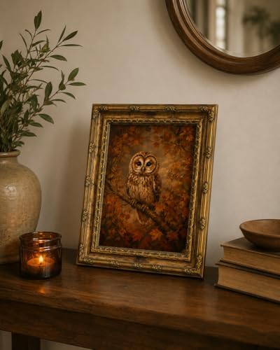 Framed Vintage Style Wall Art Rustic Forest Animal Elegant Owl Canvas Print Poster Farmhouse style artwork suitable for bedroom or living room 8x10 inches designed for wall hanging or tabletop display