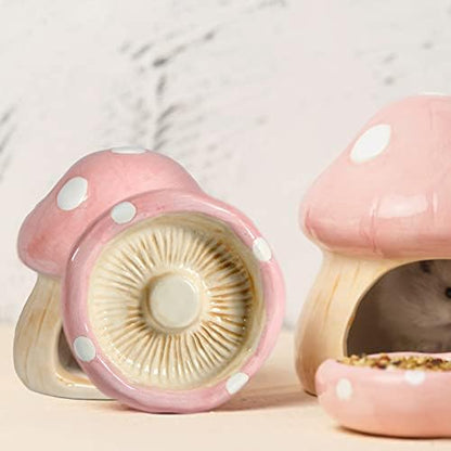 Ceramic Mushroom Hamster Hideout with Food Bowl, Small Animal House(Pink)