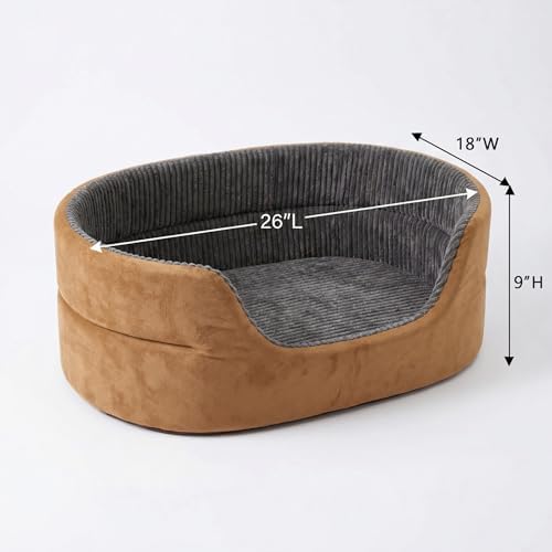 Medium Dog Bed Cat Bed 18x26 Inch, Calming Pet Bed for Dogs & Cats, Machine Washable Dog Bed，Half-Enclosed Open-Top Velvet Anti-Anxiety Bed, Cozy Snuggle Bed (Camel)