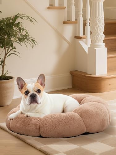 OhGeni 27 inches Calming Donut Dog & Cat Bed for Medium Pets, Warming Comfort Fluffy Short Pile Fur, Durable Machine Washable Round Bed, Cute Round Bed for Puppy and Kitten, Camel
