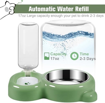 Dog Bowls, Cat Food and Water Bowl Set with Water Dispenser and Stainless Steel Bowl for Cats and Small Dogs - Green