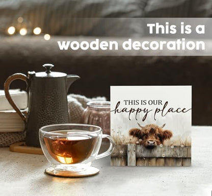 Highland Cow Sign - Farmhouse Western Animal Office Kitchen Bedroom Decor,Rustic Farm This Is Our Happy Place Home Decor Signs,highland Cow Gifts For Women,5x5 Inch