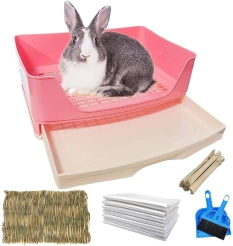 kathson Large Rabbit Litter Box with Drawer, Bunny Potty Trainer Corner Toilet Guinea Pig Litter Box Bigger Pet Pan with Grass Mat for Chinchilla, Ferret, Hamster (Pink)