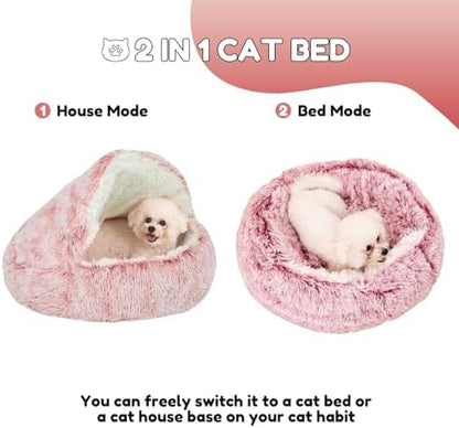 YUDANSI Cat Bed Hooded for Indoor Cats, Dog Bed with Large Covered Hood for Small Dogs Cats Puppy Kitty, Anti Anxiety Donut Cuddler, Anti Slip Plush Faux Fur Enclosed Pet Nest (Washable)(Pink-20inch)