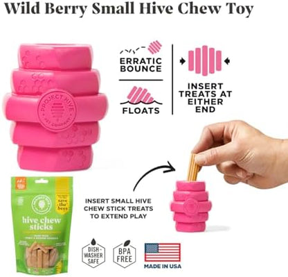 Hive Chew Toy for S/M Dogs – Pink/Wild Berry Scent – Chew, Fetch, & Treat-Dispensing Enrichment Toy, Floats, Made in USA, Pairs with Hive Chew Sticks for S/M Dogs for Longer-Lasting Play