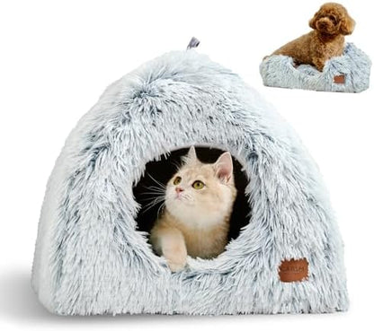 CATISM Cat Beds for Indoor Cats 2 in 1 Cat Bed Cave Machine Washable Fluffy Cat Cave Bed Foldable Non-Slip Washable Cushioned Pillow Soft Plush Premium Cotton Pet Bed for Kittens and Small Dogs Gray L
