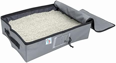 SportPet Designs Portable Travel Litter Box for Cats, Large Collapsible with Zippered Lid, Water-Resistant & Leak-Resistant Cat Litter Tray for Travel, Gray