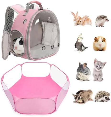2-Pack Guinea Pig Carrier Backpack and Playpen Set - Breathable Pet Playpen Pop Open Outdoor/Indoor Exercise Fence, Portable Small Animal Backpack for Bearded Dragon, Rabbits, Hamster, Chinchillas