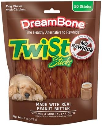 DreamBone Peanut Butter Twist Sticks Rawhide-Free Dog Treats, 50 Count