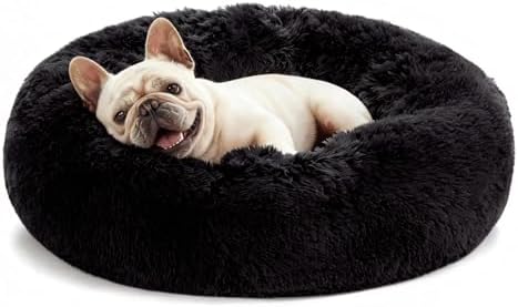Love's cabin Calming Cat Bed for Indoor Cats, Anti-Anxiety Donut Round Dog Bed,Fluffy Faux Fur Washable Pet Bed for Small Medium Dogs and Cats, Black, 20in